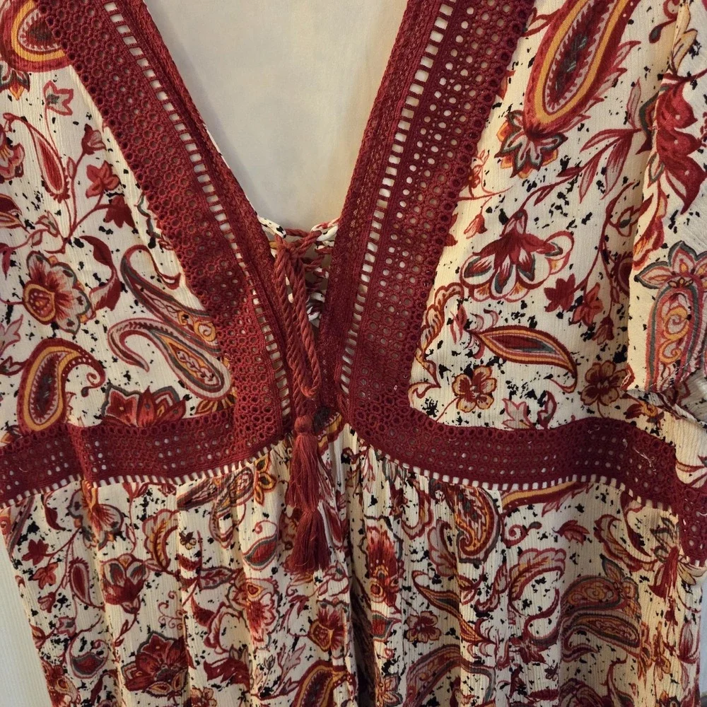 Torrid sz 4 paisley floral v-neck short slv shift dress tassel boho peasant - Picture 2 of 13